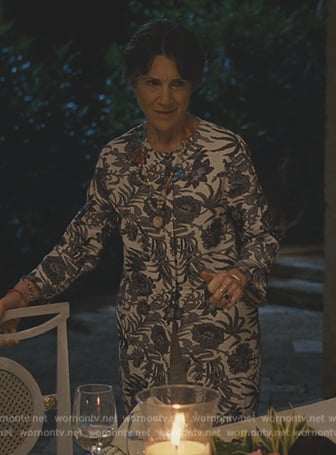 Caroline's blue floral print dress on Succession