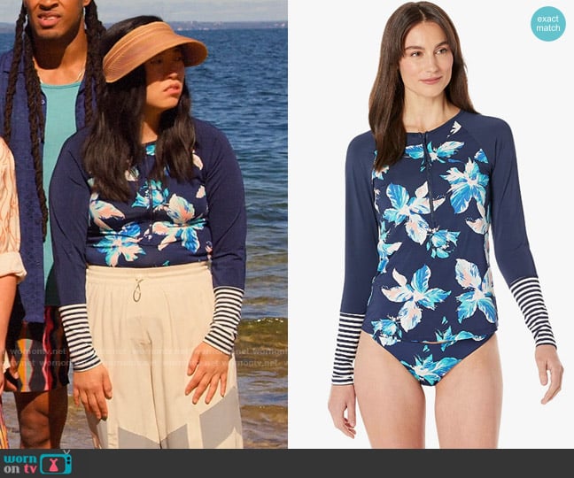 Nora’s blue floral rashguard on Awkwafina is Nora From Queens