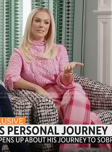 Cassie Kelley’s pink lace top and plaid pants on CBS Mornings