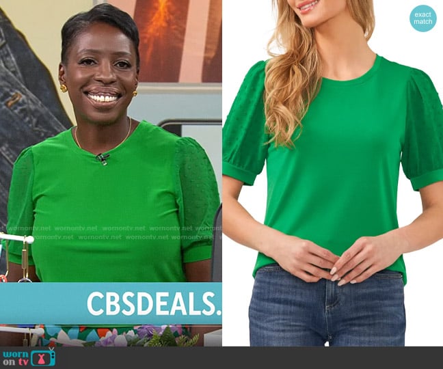 CeCe Puff Sleeve Mixed Media Top in Lush Green worn by Candi  Carter on CBS Mornings