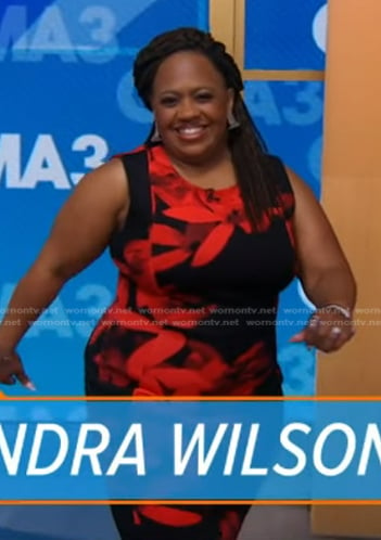 Chandra Wilson’s black and red floral sleeveless dress on Good Morning America