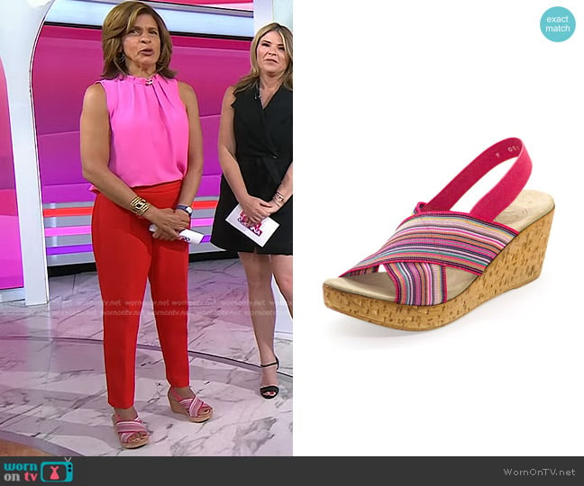 Charleston Shoe Co. Stretch Wedge Sandals in Coral Multi-Stripe worn by Hoda Kotb on Today