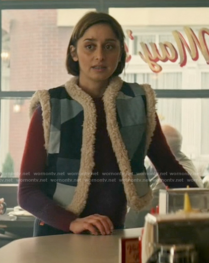 Chrissy's patchwork shearling trim vest on Superman and Lois