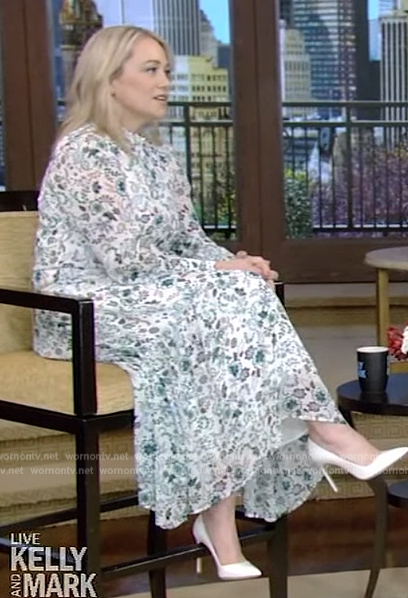 Christine Taylor's floral print midi dress on Live with Kelly and Mark
