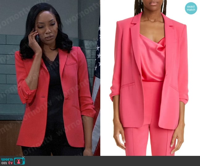 Cinq a Sept Khloe Blazer in Berry Jam worn by Jordan Ashford (Tanisha Mariko Harper) on General Hospital