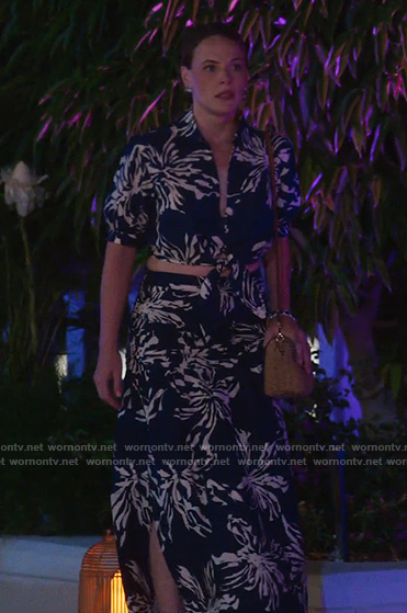 Courtney's navy floral cropped shirt and skirt set on Fantasy Island