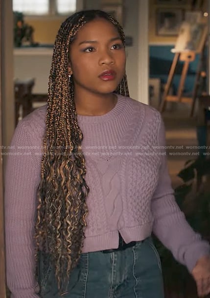 Delilah's purple cable knit sweater on The Equalizer