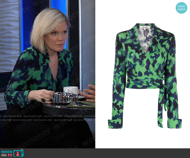 Diane von Furstenberg Bobbie Wrap Top in Clouds Indian Green worn by Ava Jerome (Maura West) on General Hospital