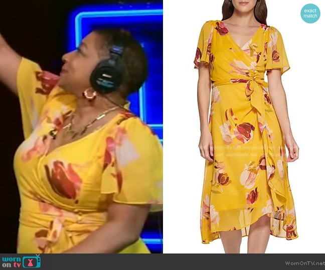 DKNY Floral Faux Wrap Tie Waist Midi Dress worn by Deja Vu on Live with Kelly and Mark