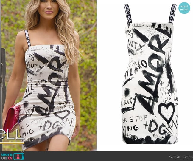 Dolce and Gabbana DG graffiti print charmeuse minidress worn by Chrishell Stause on Selling Sunset