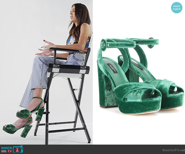 Dolce and Gabbana Green Velvet Sandals worn by Sistine Stallone on The Family Stallone