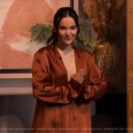 Dove Cameron’s brown satin blazer and pants on The Drew Barrymore Show