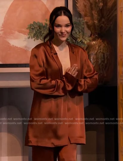 Dove Cameron's brown satin blazer and pants on The Drew Barrymore Show