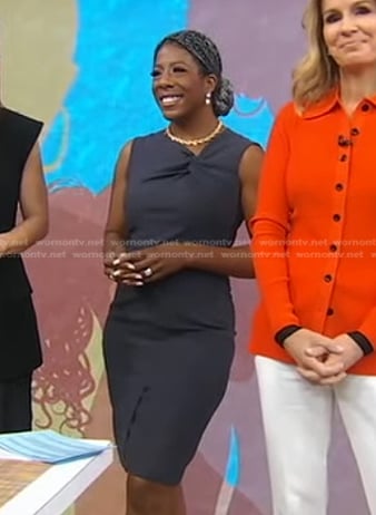 Dr. Christina Madison’s grey twisted sheath dress on Good Morning America