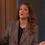 Drew’s gray tweed suit and contrast blouse on The Drew Barrymore Show