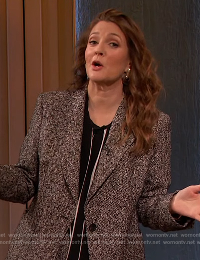 Drew's gray tweed suit and contrast blouse on The Drew Barrymore Show