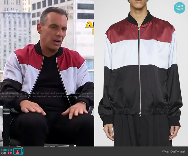 Dries Van Noten Vickers Shiny Satin Bomber Jacket worn by Sebastian Maniscalco on Access Hollywood