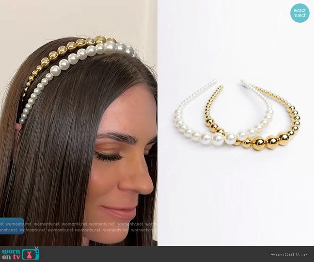 Duplantis  Pearl and Gold Beaded Headband Set worn by Erica Wark on Access Hollywood