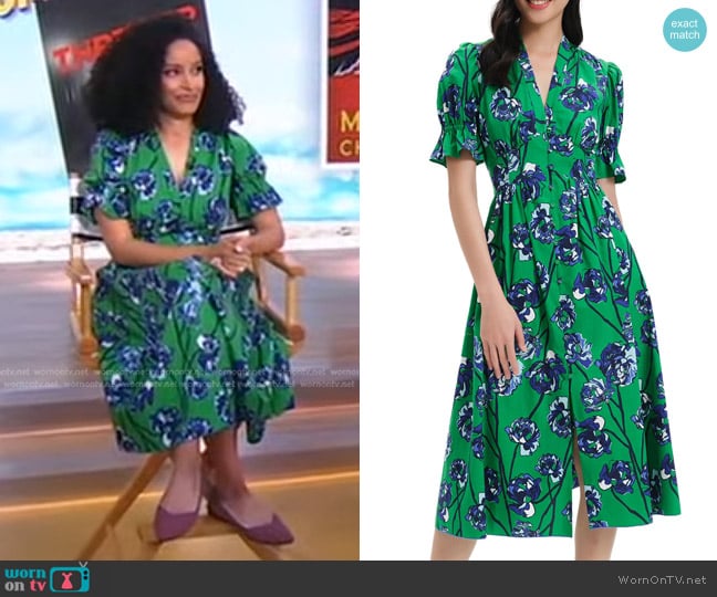 Diane von Furstenberg Erica Print Dress in Huge Watercolor Floral Indian Green worn by Kiley Reid on Good Morning America