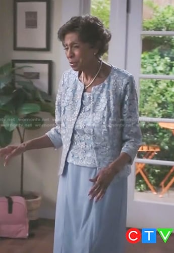 Edith's blue floral embroidered jacket and skirt on Greys Anatomy