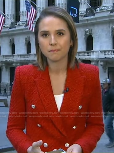 Elizabeth Schulze’s red tweed blazer on Good Morning America