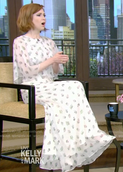 Ellie Kemper's white floral print dress on Live with Kelly and Mark