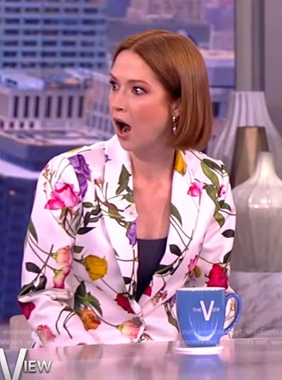 Ellie Kemper's white floral print blazer and pants on The View