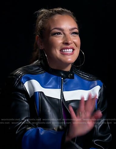 Emily Orozco’s black colorblock leather jacket on E! News