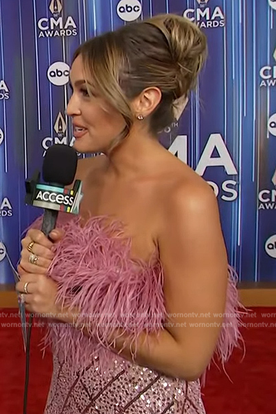 Emily's pink metallic feather trim dress on Access Hollywood
