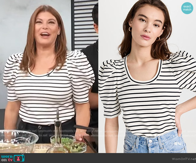 English Factory Stripe Pleated Puff Sleeve Top worn by Gail Simmons on Access Hollywood