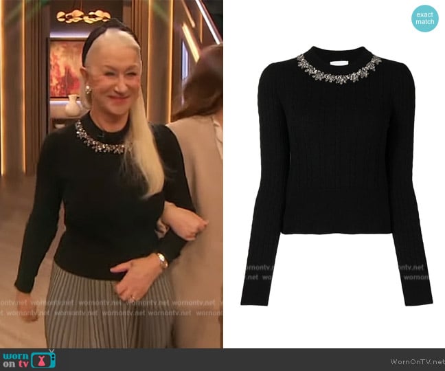 Erdem Dorina Crystal Cable-Knit Cashmere Pullover worn by Helen Mirren on The Drew Barrymore Show