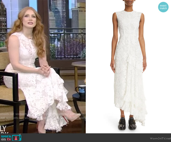 Erdem Misty Asymmetric Drape Front Lace Midi Dress worn by Jessica Chastain on Live with Kelly and Mark