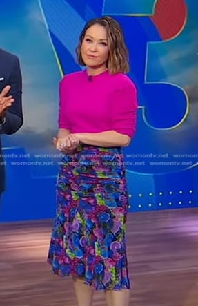 Eva’s pink puff sleeve sweater and print skirt on Good Morning America