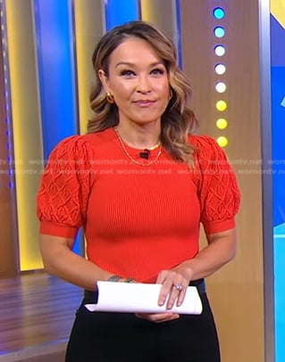 Eva’s red puff sleeve sweater on Good Morning America