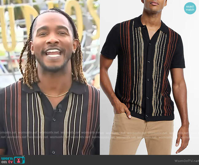  Striped Short Sleeve Sweater Polo worn by Scott Evans on Access Hollywood