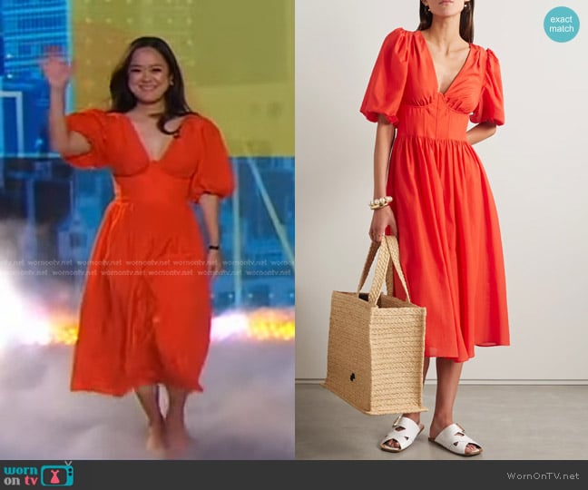 Farm Rio Short Puff-Sleeve Tie-Back Midi Dress worn by Kiki Aranita on Good Morning America