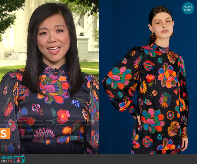 FARM Rio Lilys Garden Blouse worn by Weijia Jiang on CBS Mornings