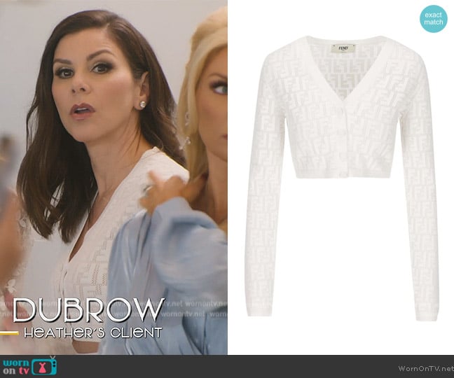 Fendi White Logo Cardigan worn by Heather Dubrow on Selling Sunset