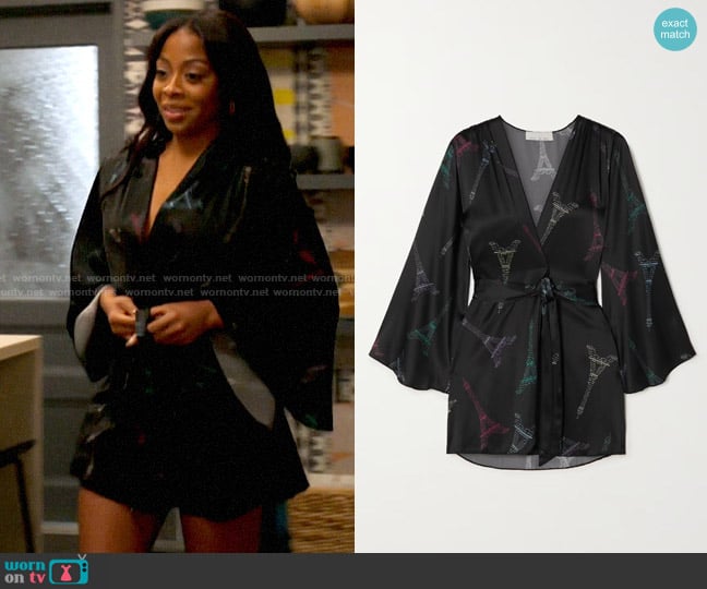 Fleur du Mal Belted printed stretch-silk satin robe worn by Renee Ross (Bresha Webb) on Run the World