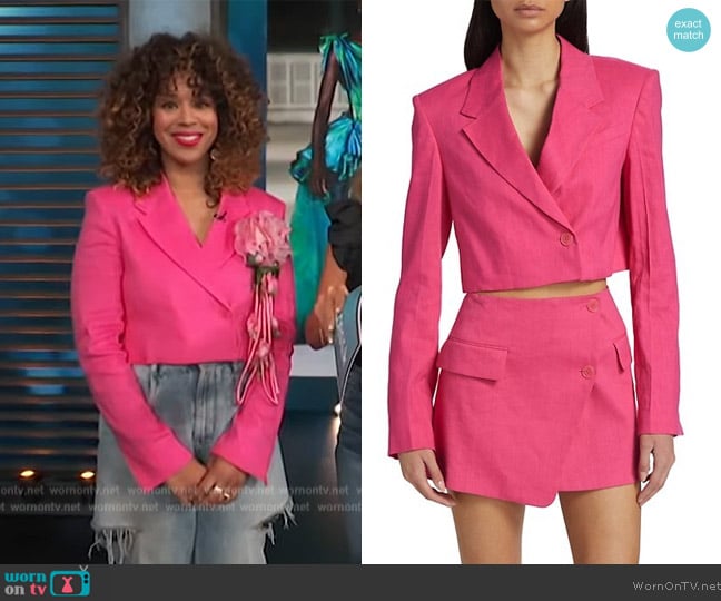 Frame Cropped Linen-Blend Blazer worn by Lauren Messiah on Access Hollywood