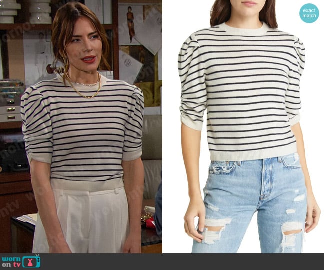 Frame Stripe Ruched Sleeve Cashmere Sweater worn by Taylor Hayes (Krista Allen) on The Bold and the Beautiful