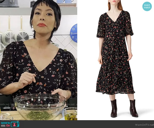 Ganni Black Printed Midi Dress worn by Pilar Valdes on The Drew Barrymore Show