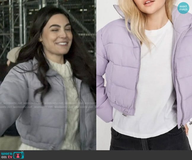 Garage Clothing Cropped Puffer Jacket in Lavender worn by Candice Pergande (Samantha Di Francesco) on Superman and Lois