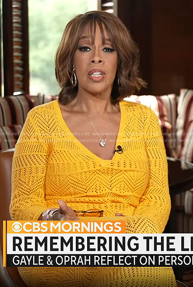 Gayle King’s orange pointelle knit dress on CBS Mornings