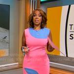 Gayle King’s pink and blue colorblock dress on CBS This Morning