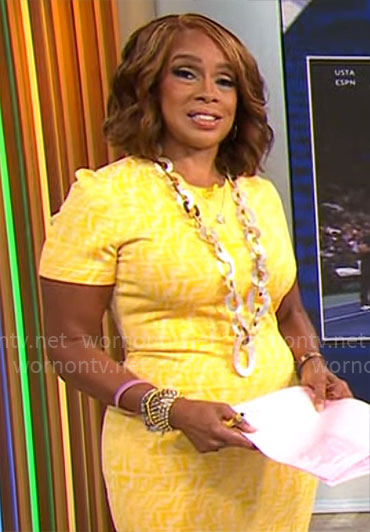 Gayle King's yellow monogram print dress on CBS Mornings