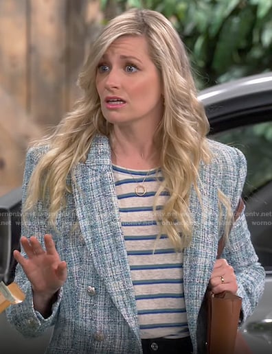 Gemma’s blue tweed blazer and striped tee on The Neighborhood