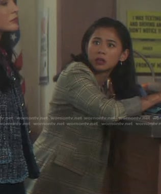 George’s grey plaid blazer on Nancy Drew