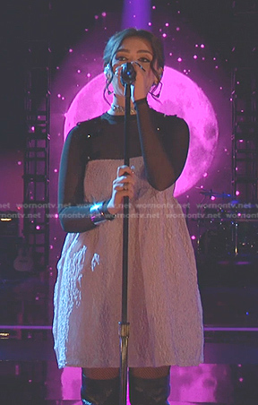 Gina Miles's pink bow strap mini dress on The Voice