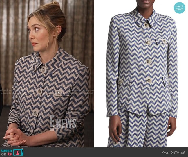 Giorgio Armani Chevron Silk Shirt Jacket worn by Elizabeth Olsen on E! News